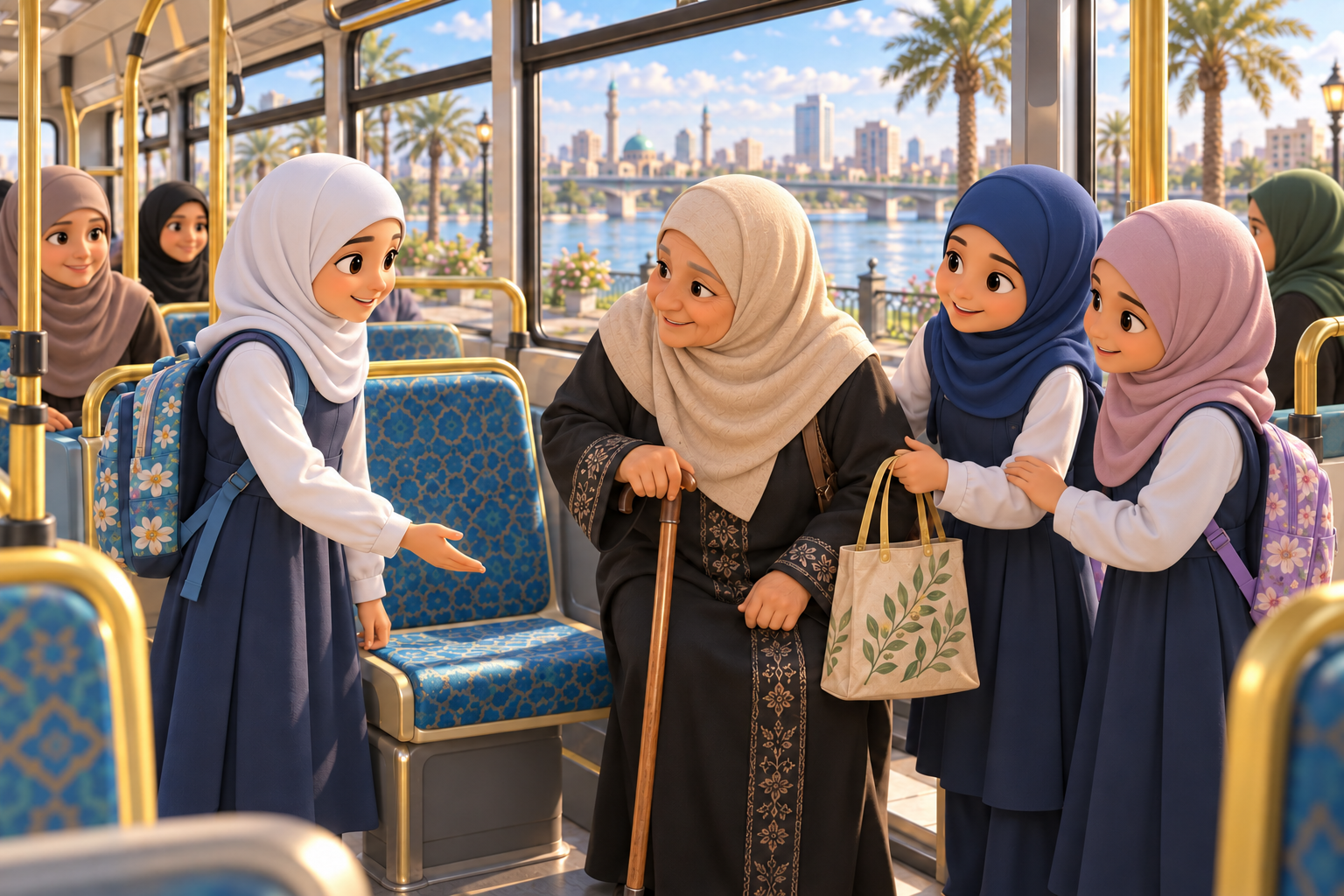 طالبة تقدم مقعدها لامرأة كبيرة في السن تعبيراً عن الإيثار