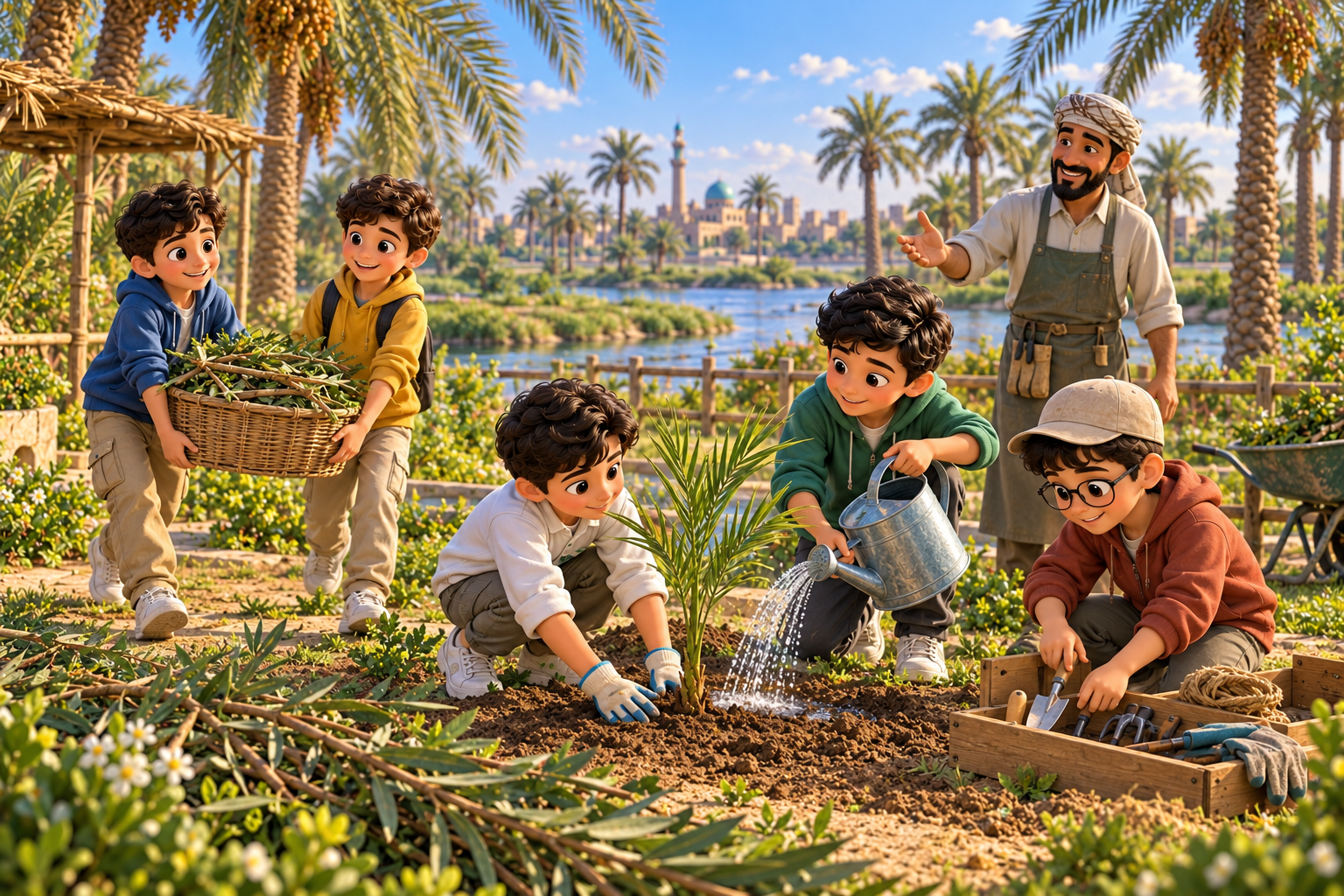 أطفال يتعاونون في زراعة نخلة