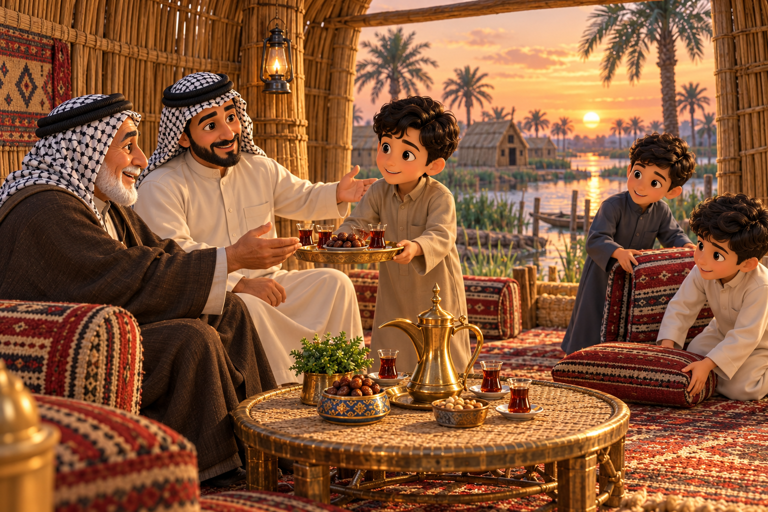 طفل يقدم الضيافة لضيف داخل مضيف عراقي